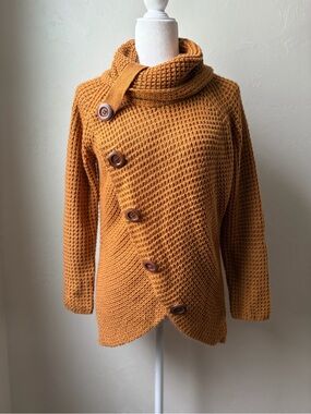 Grecerelle Mustard Waffle Knit Asymmetrical Button Cowl Neck Sweater S
